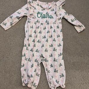 Monogrammed “Claire” Christmas romper with ruffles. 22 month. Jellybean brand